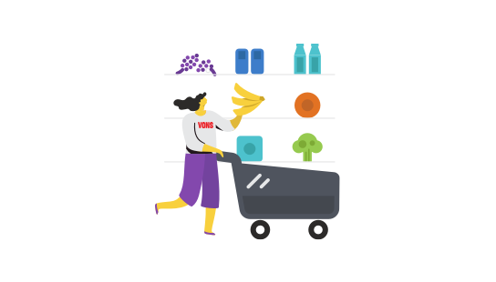 Shopper with fruits and vegetables above shopping cart