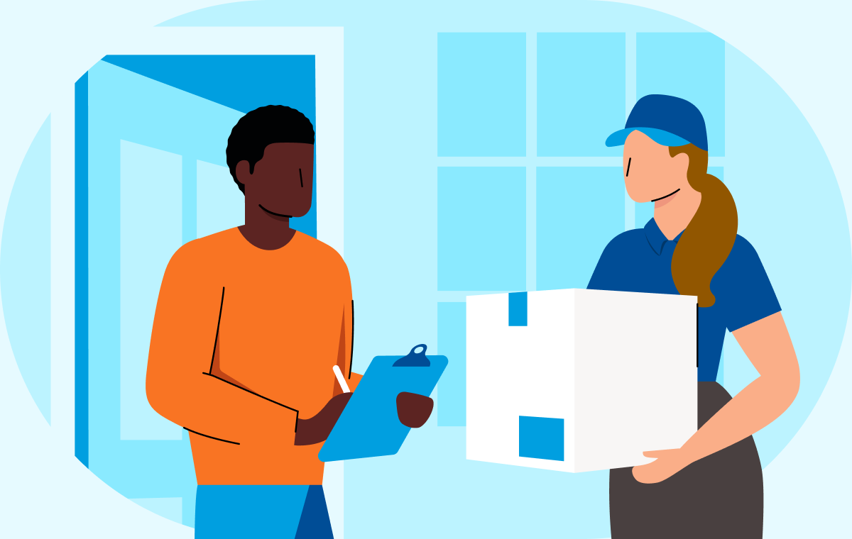 Illustrated image of a man signing for a package that is being held by a female delivery driver