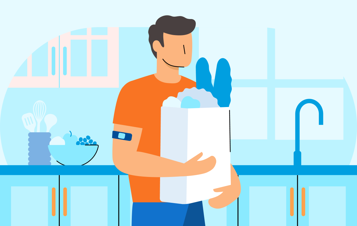 Illustrated image of man in kitchen holding a bag of groceries with a bandage on his arm