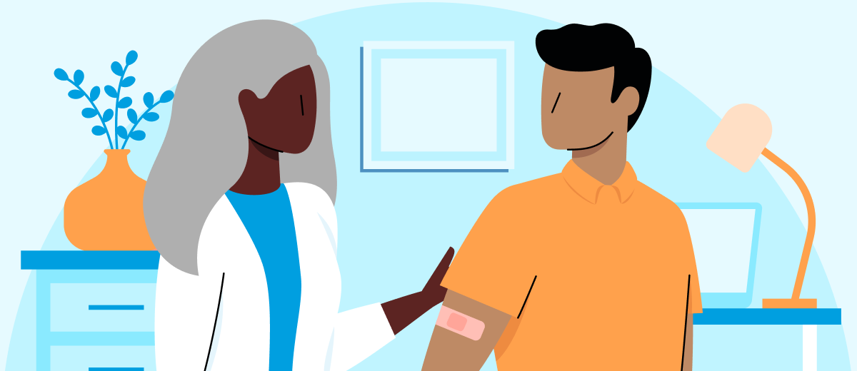 Illustrated image of a doctor talking to a patient who has a bandage on his arm