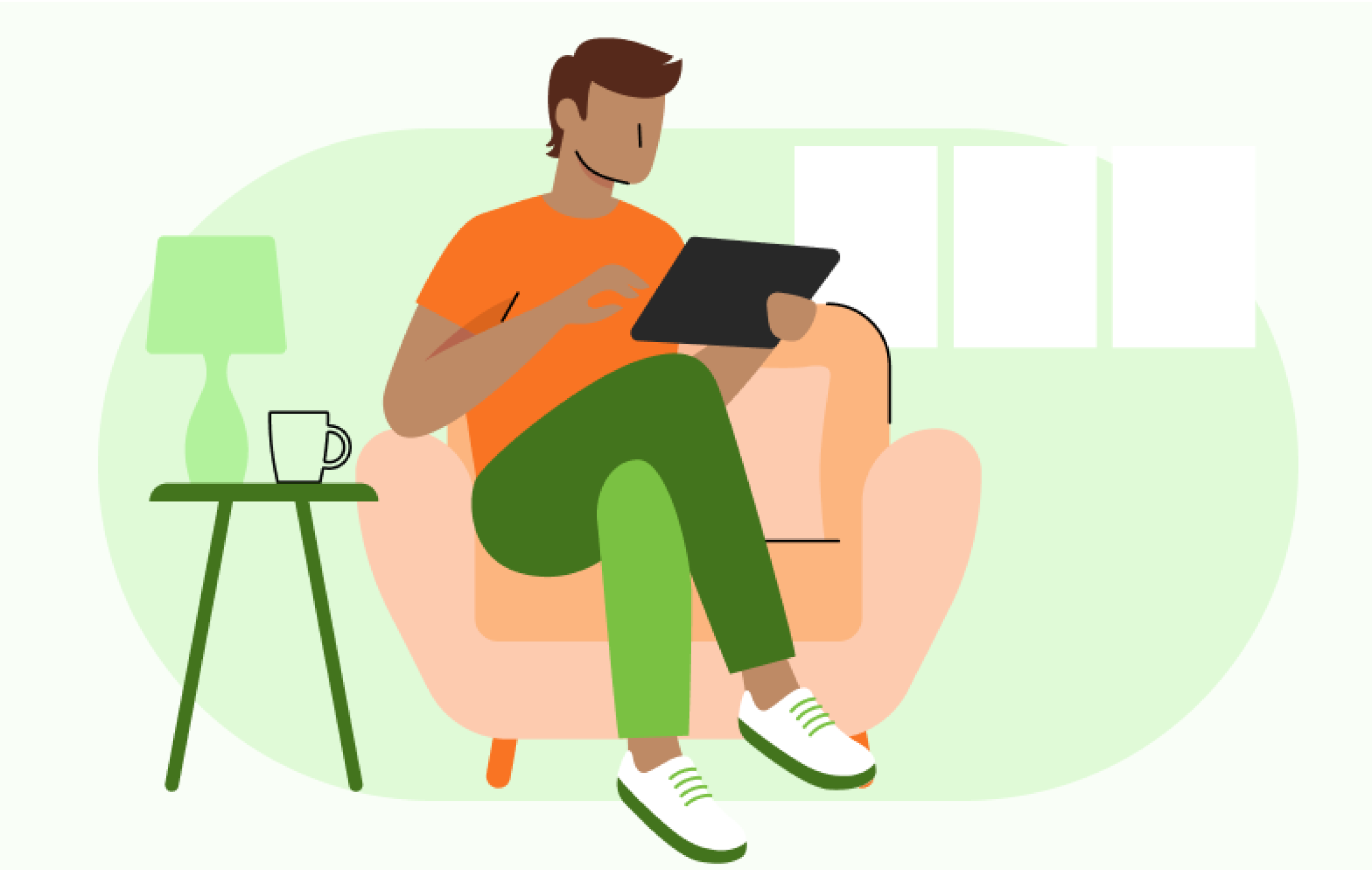 Illustration of a man sitting in a chair looking at a tablet