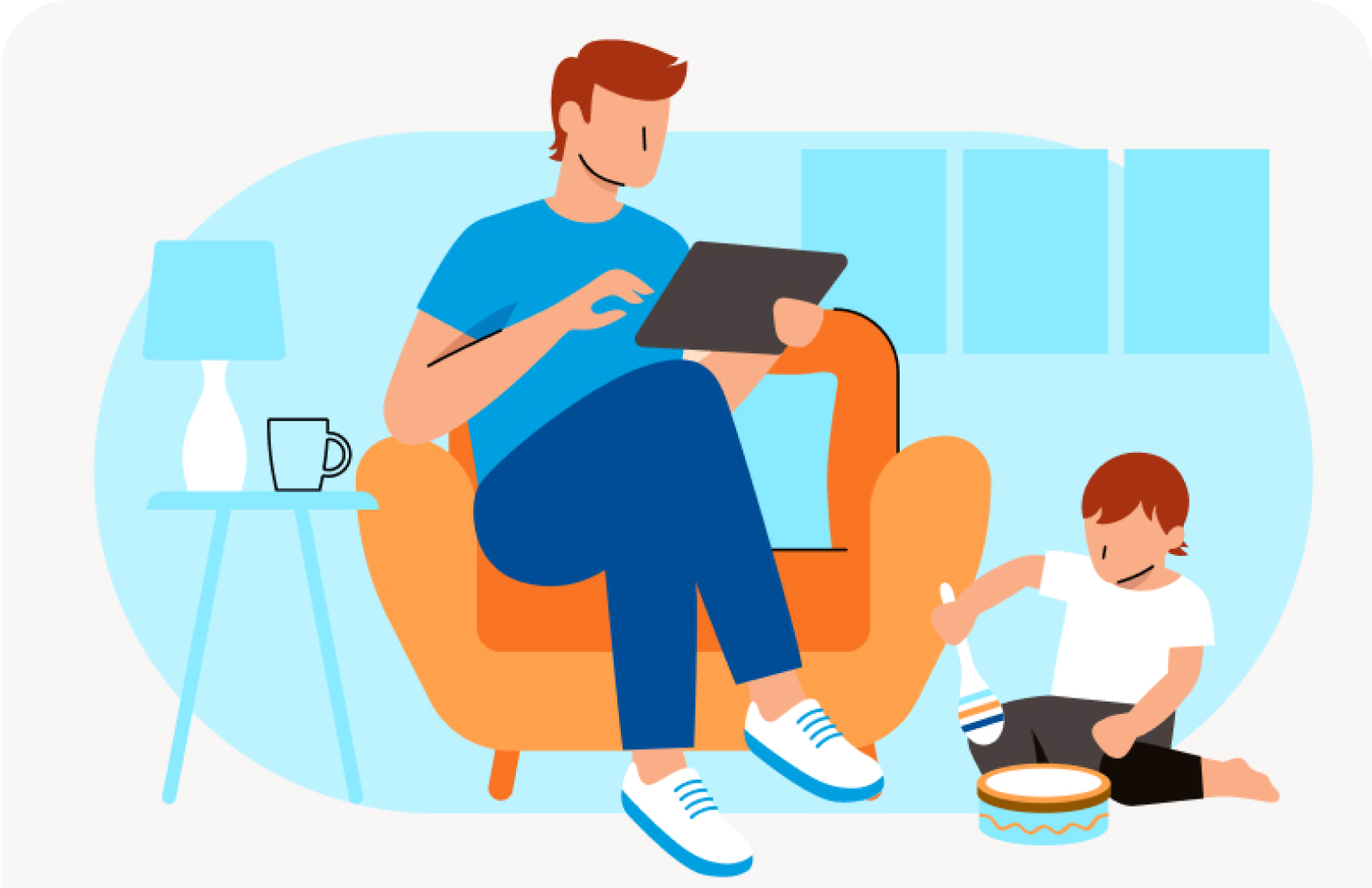 Illustrated image of a man sitting in a chair looking at a tablet and a boy sitting on the floor beside him playing with a drum